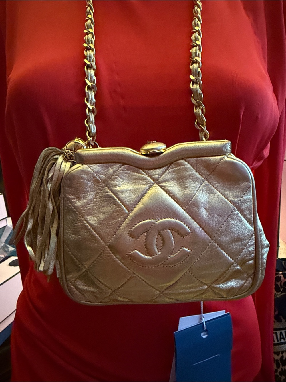 CHANEL 1985 Vintage Rare Gold Quilted Mini Waist Bag/ Crossbody with Tassel - Picture 2 of 9